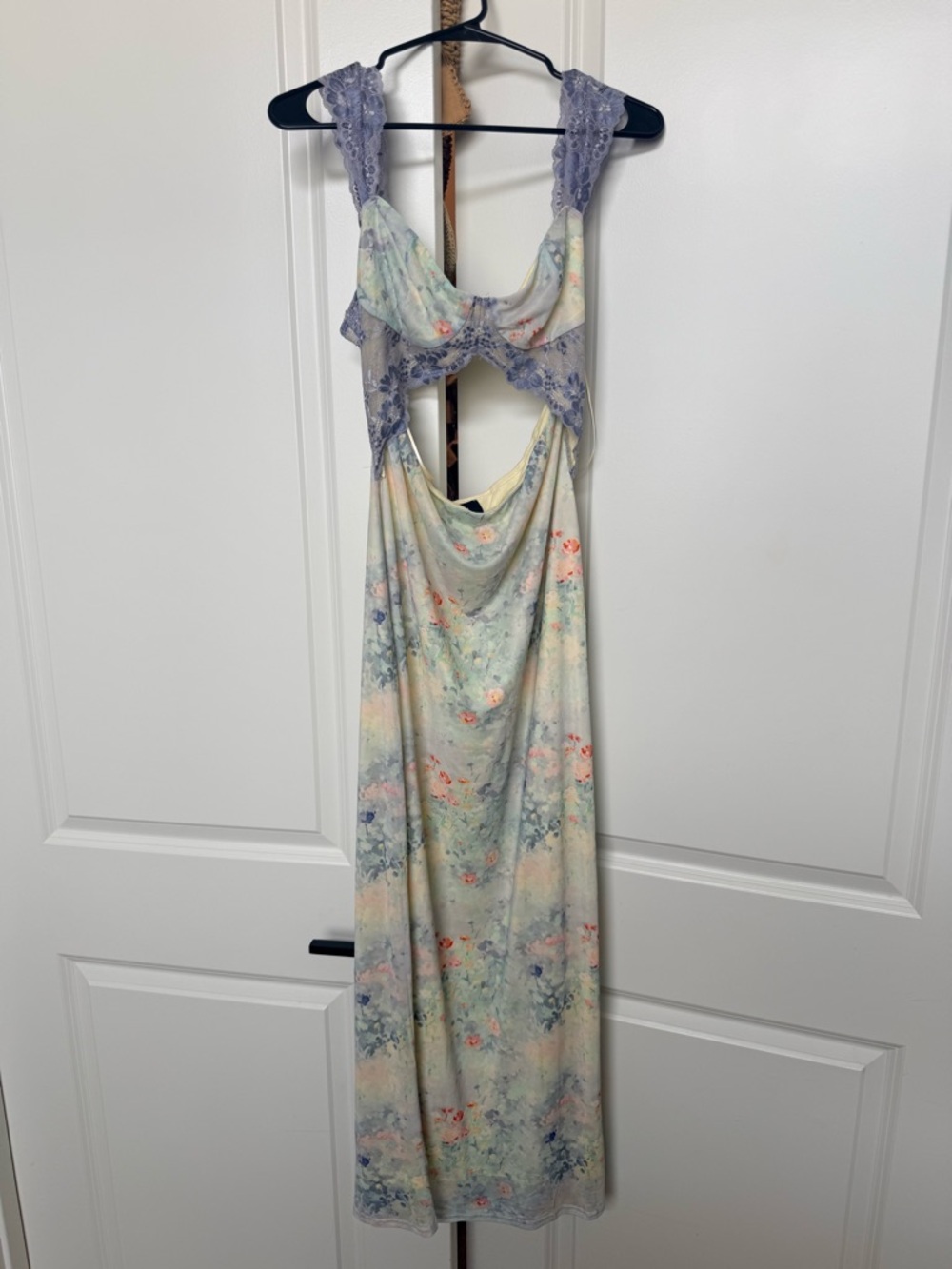 Vici Lavender Lace-Trim Floral Midi Dress in Pastel Multi